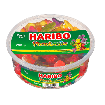 Haribo Phantasia 750g bøtte med farverige frugtgummier og skumfiduser