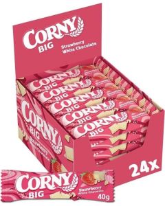 CORNY BIG Strawberry White Chocolate 24×40g med fuldkornsflager, jordbær og hvid chokolade