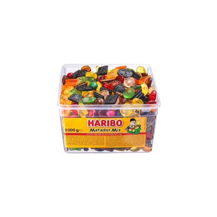 Haribo Matador Mix 2 kg sortiment med forskellige frugtgummier, vingummier og lakrids Haribo Matador Mix 2 kg sortiment med forskellige frugtgummier, vingummier og lakrids