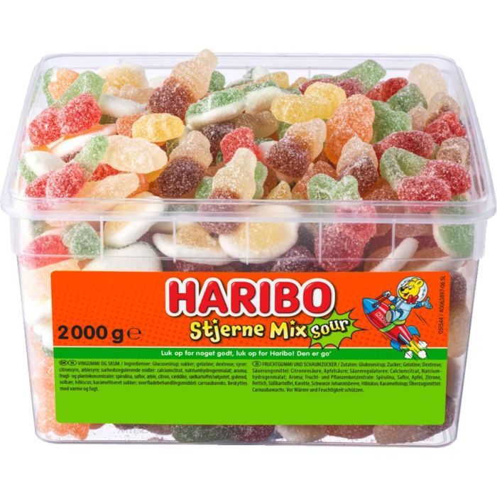 Haribo Stjerne Mix Sour 2 kg med forskellige sure frugtgummier og nogle marshmallowstykker Haribo Stjerne Mix Sour 2 kg med forskellige sure frugtgummier og nogle marshmallowstykker