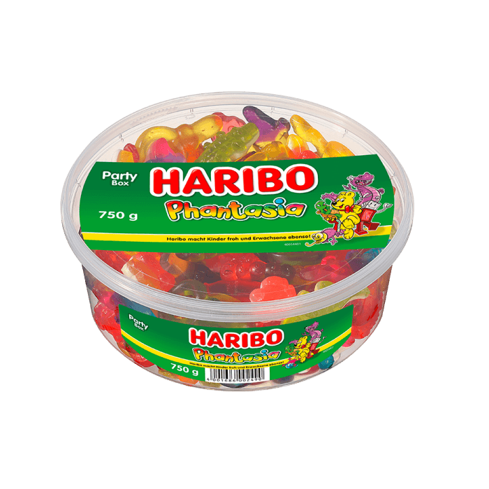 Haribo Phantasia 750g bøtte med farverige frugtgummier og skumfiduser