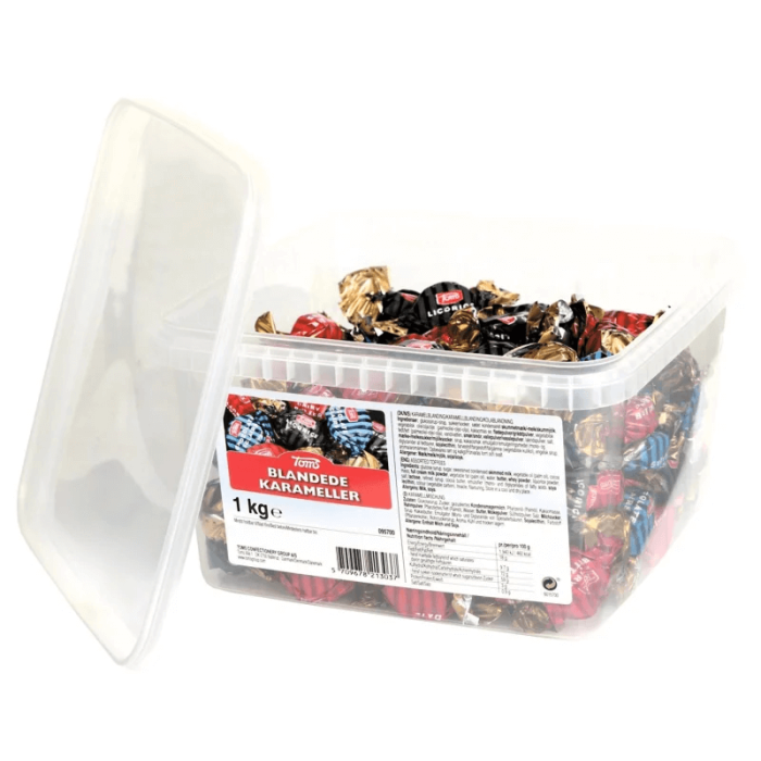Toms Blandede Karameller 1000g mix af indpakkede karameller i fløde lakrids chokolade mint smage